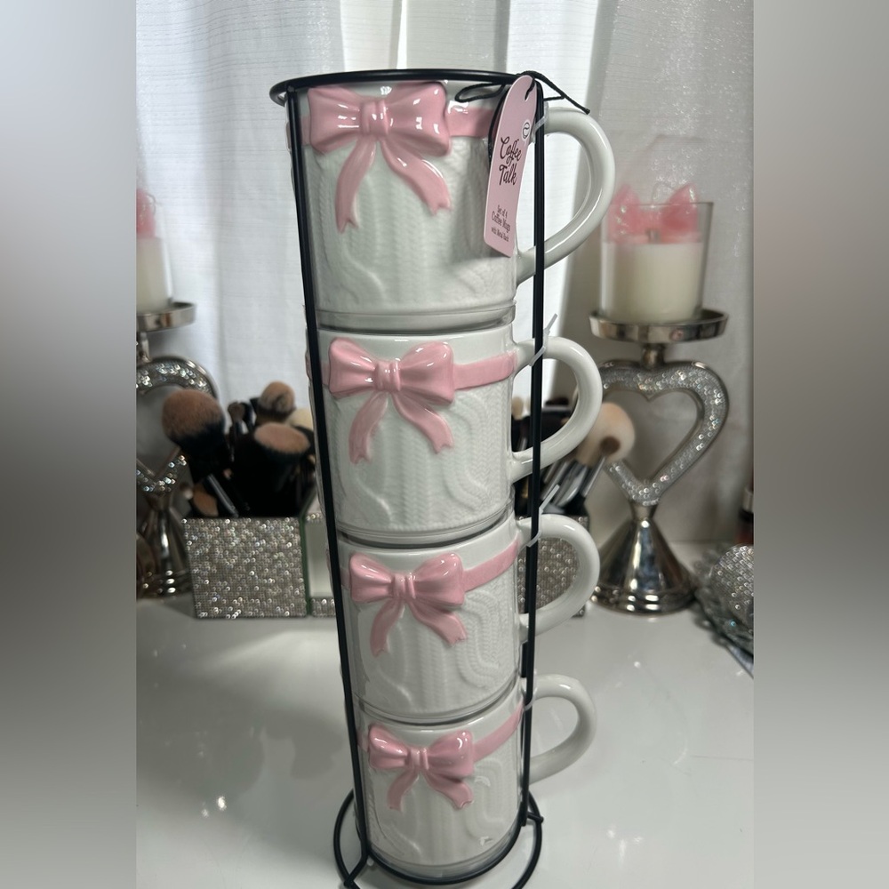Stackable White Ceramic Mugs with Pink Bow Accent